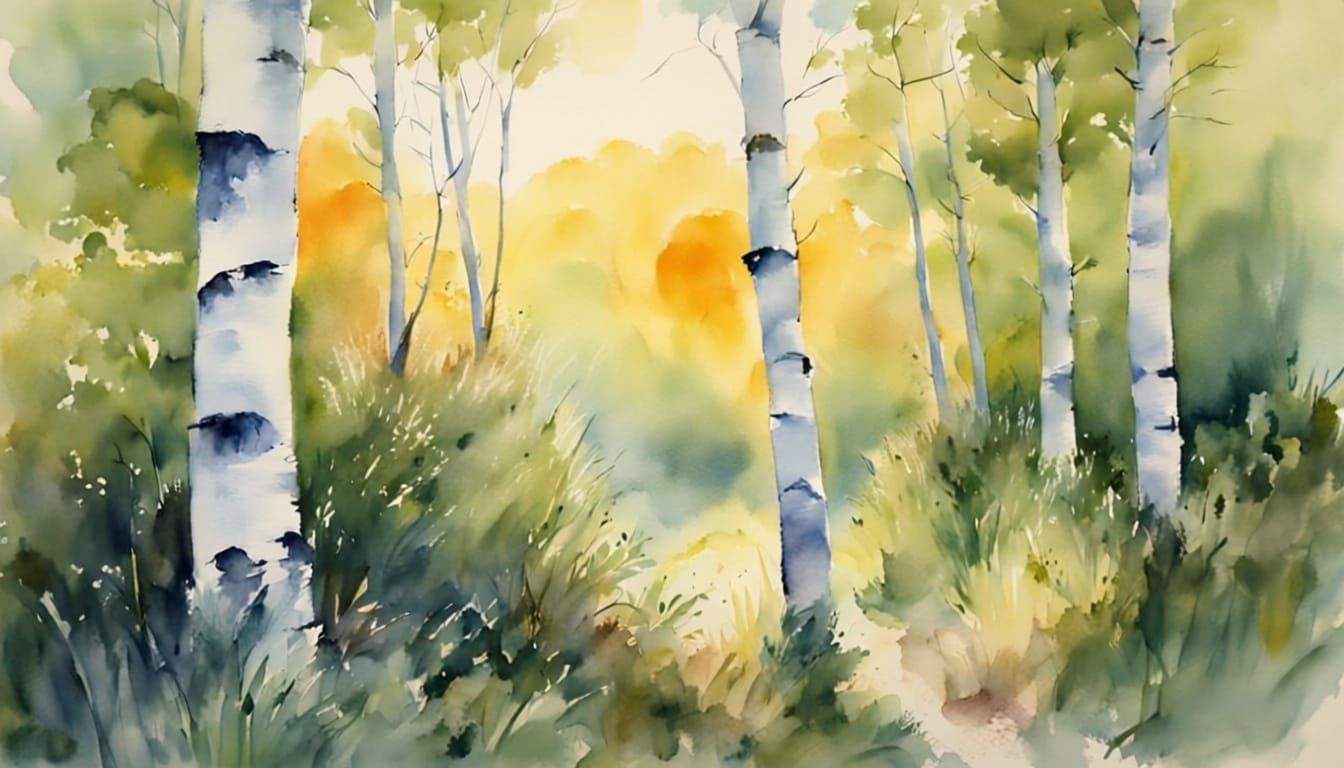 Impressionist Watercolor of Birch Trees at Sunrise
