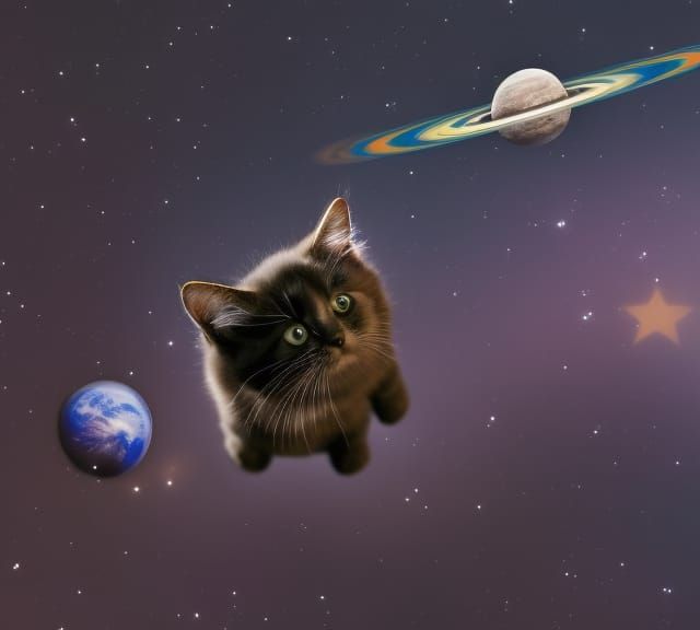 Playful Kitten Among Planets in Starry Galaxy