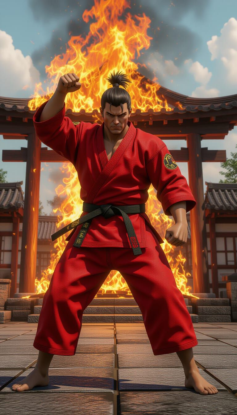 Fighter in Red Gi Stands Before Burning Dojo