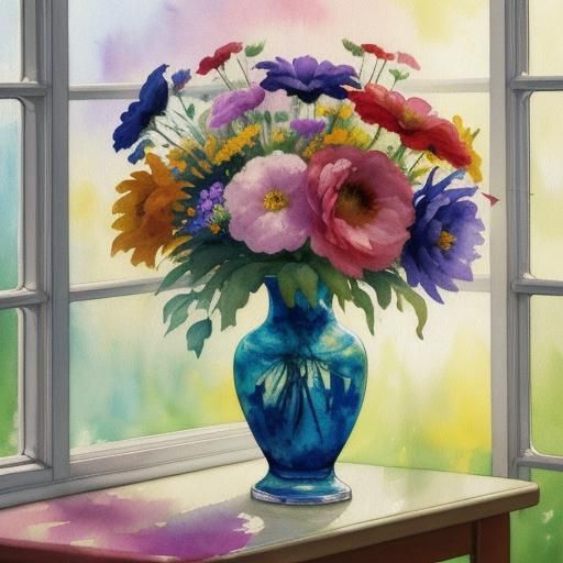 Colorful Flowers in Vase: Impressionist Watercolor Painting