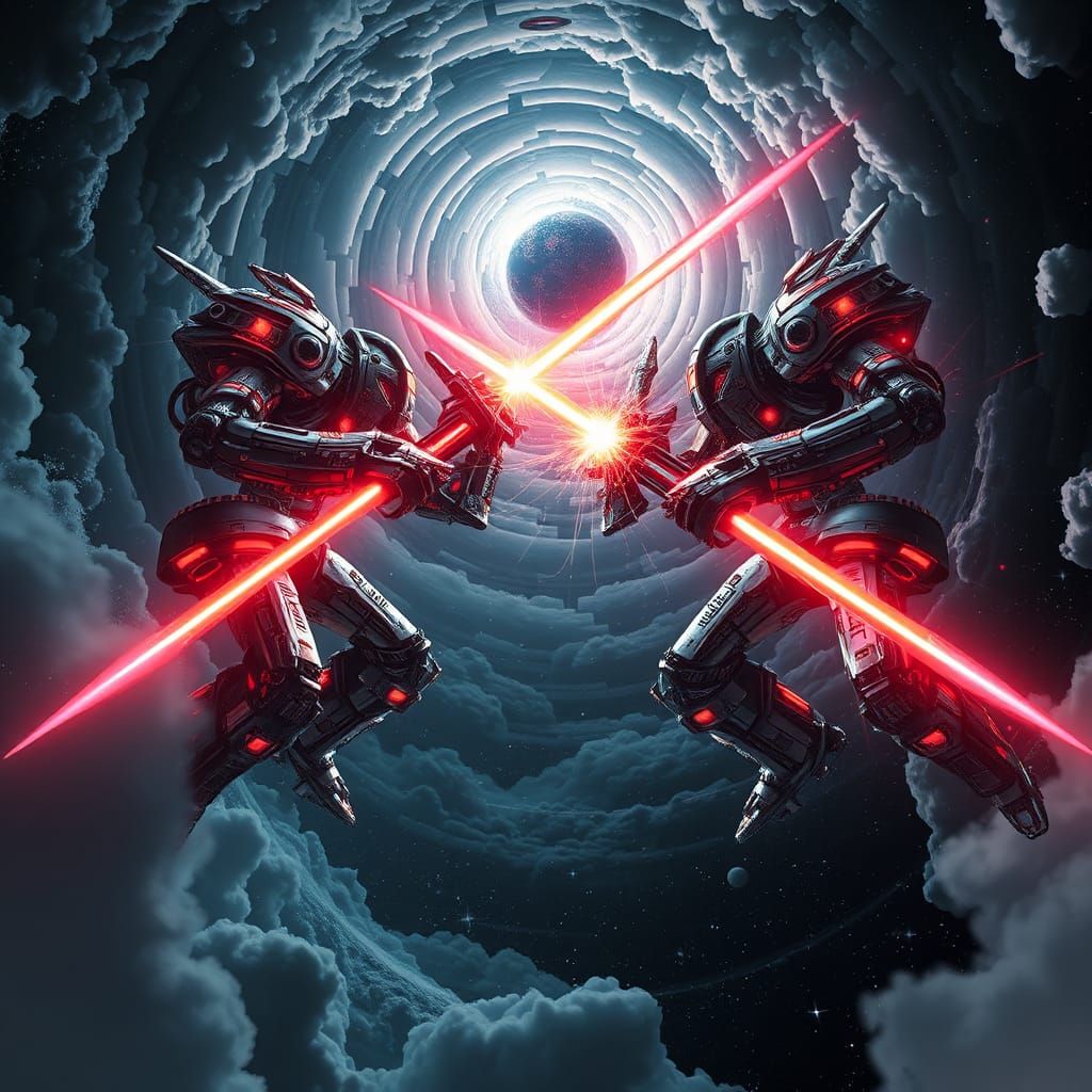 two mega battle bots with mega laser swords battling each ot...