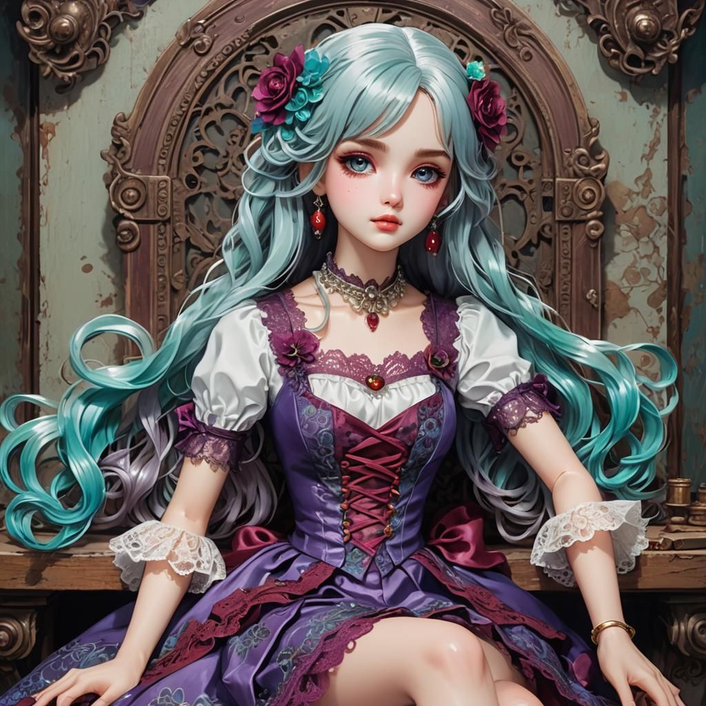 Porcelain Doll in Anime Style with Lace Dress