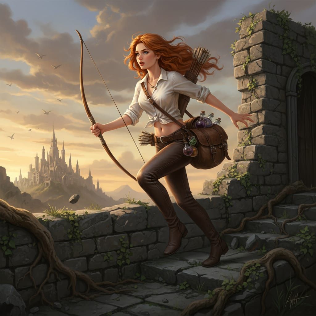 Ginger Adventuress Ascending Crumbling Wall, Fantasy Art