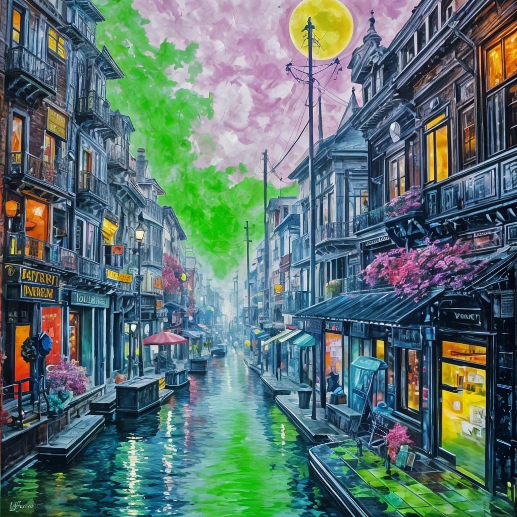 Enchanted Town Under Green Moon: Ink and Watercolor