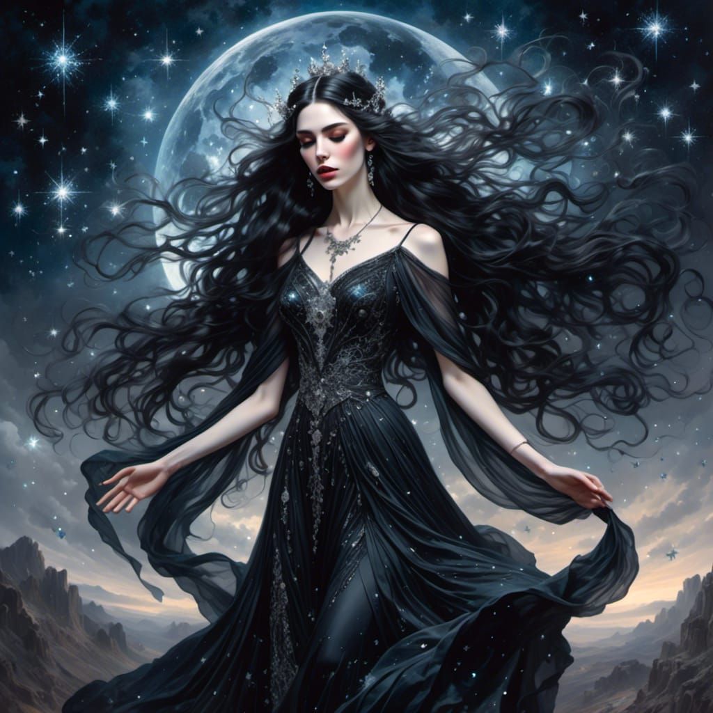 Goddess Nix Flying Among Stars in Goth Fashion