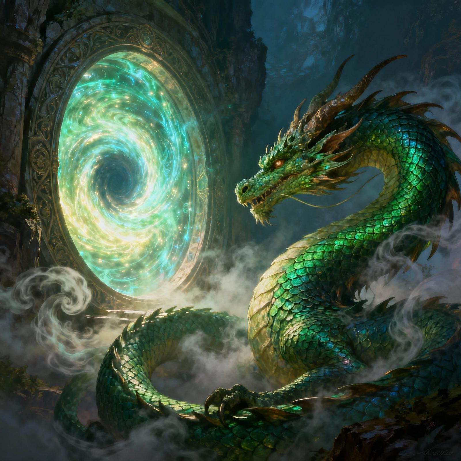 Ancient Emerald Dragon Beside Mystical Portal
