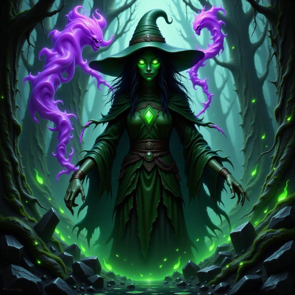 Wizened Witch Gliding Through Murky Swamp in Dark Fantasy St...