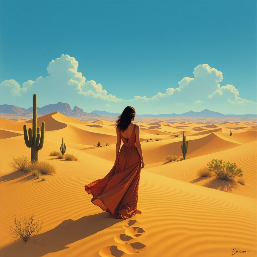 Desert Serenity: Woman in Golden Landscape