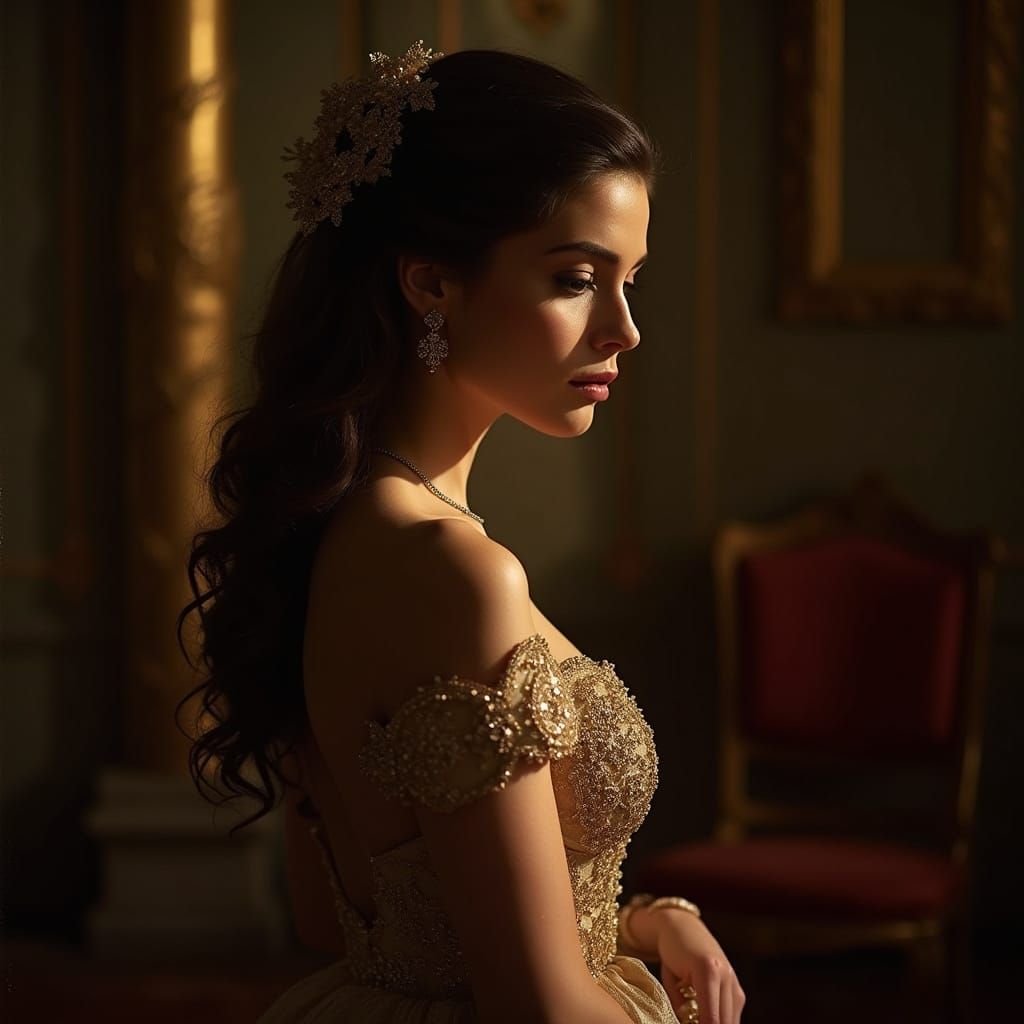 Woman in Opulent Gown in Dimly Lit Ballroom