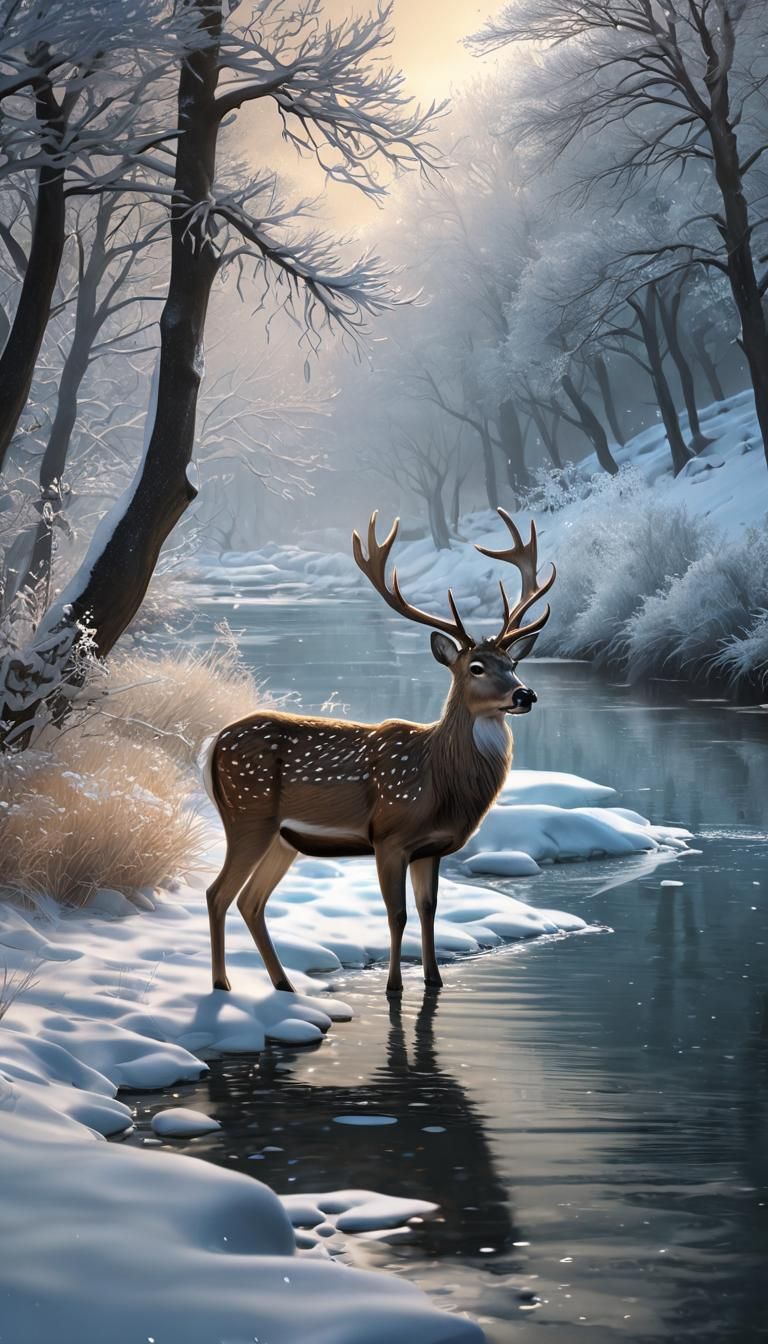 Deer on Snowy Bank in Vibrant 3D Winter Scene