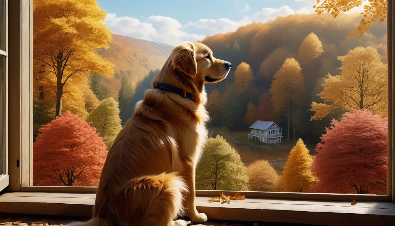 Fluffy Golden Retriever Views Autumn Woods Matte Painting