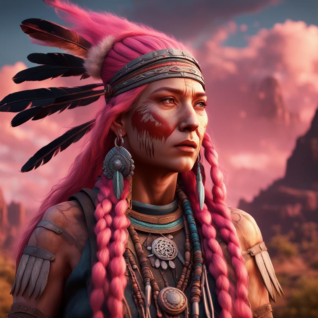 Native American Woman with Pink Hair in Fantasy Art