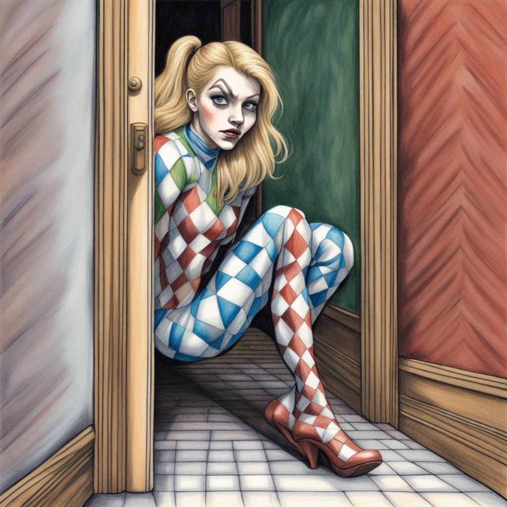 Terrified Harlequin Girl: Colored Pencil Cartoon