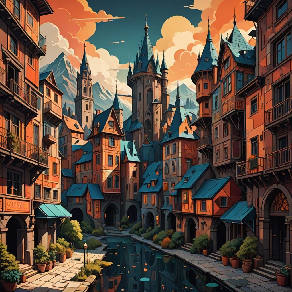 Medieval Cityscape in Earthy Hues