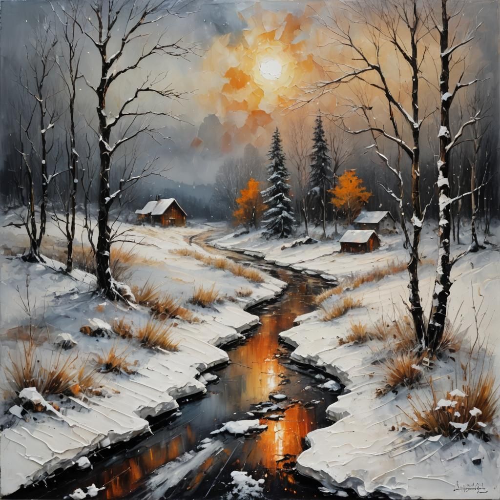 Encaustic Winter Landscape with White Elk