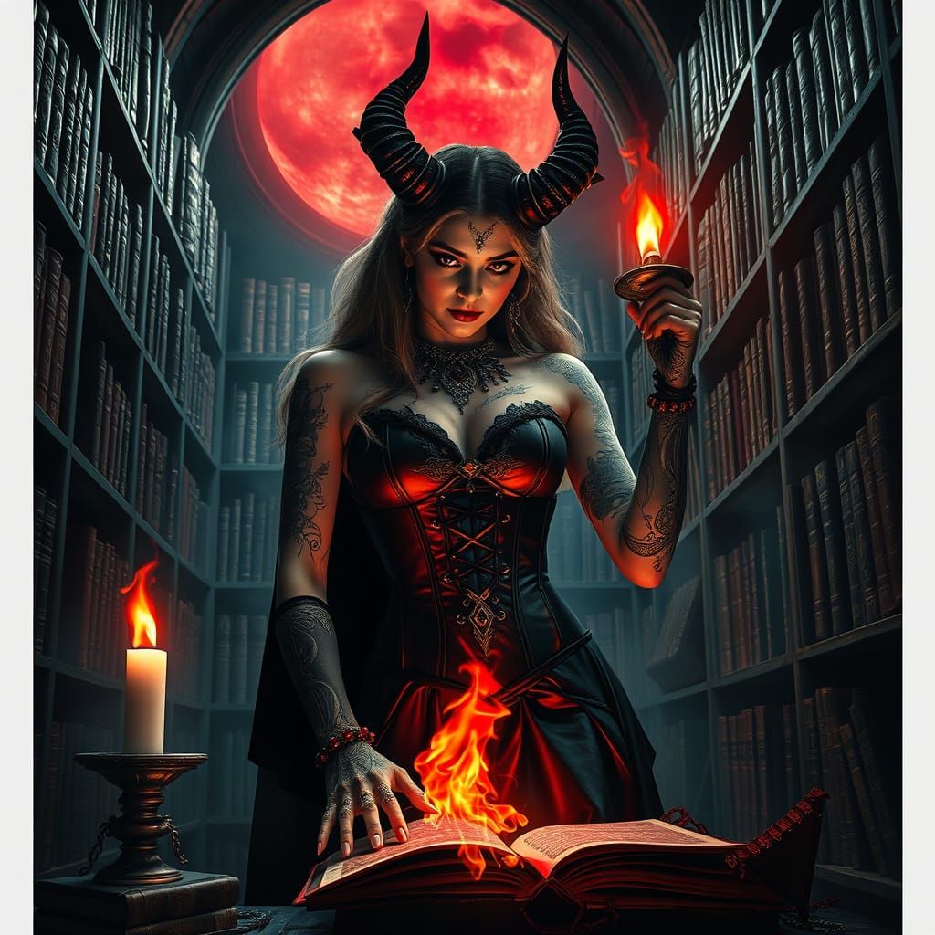 Vampire Witch in Gothic Library, Dramatic Cinematic Style