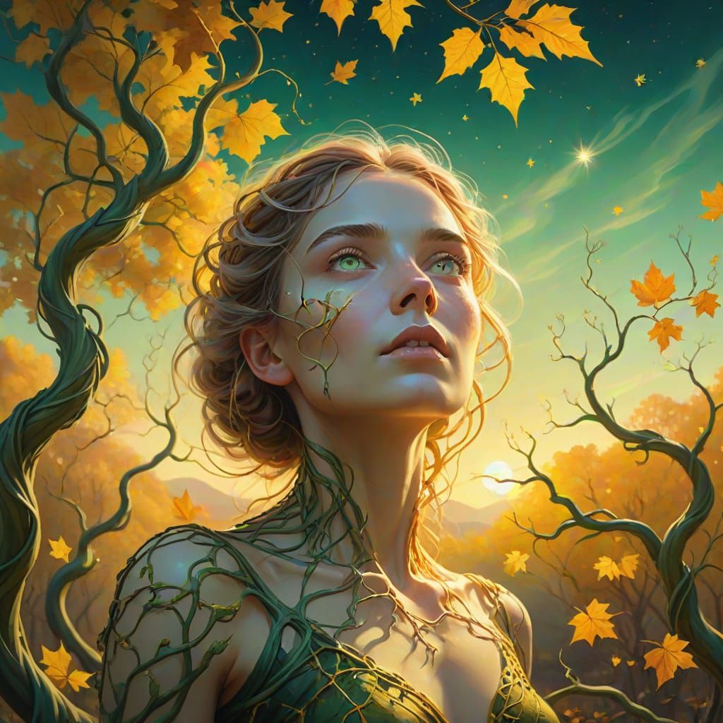Ethereal Woman in Surreal Autumn Landscape