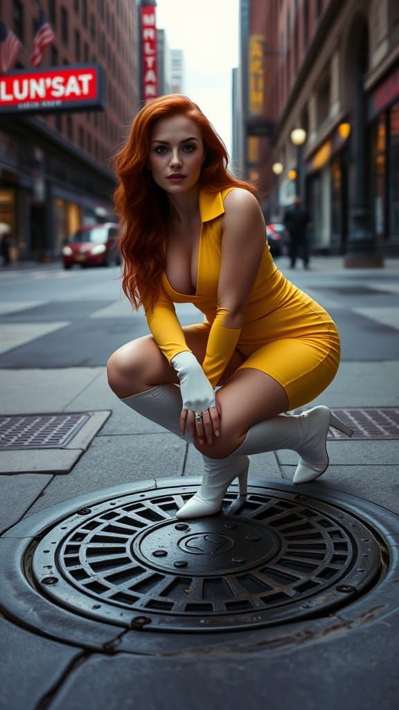 Sultry Redheaded Woman in Yellow Jumpsuit and White Boots, E...