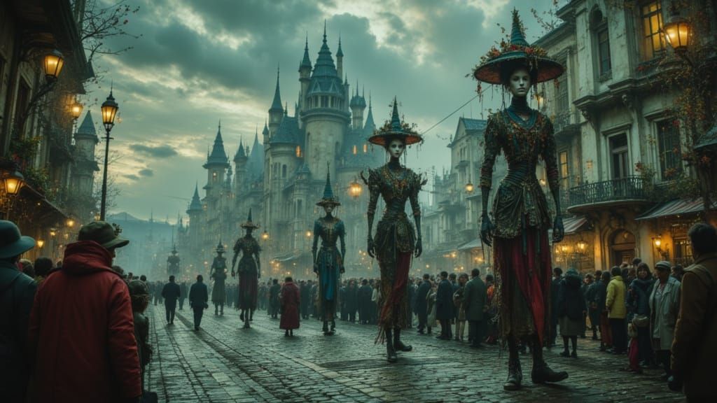 Giant Stilt Walkers Procession in Cinematic HDR