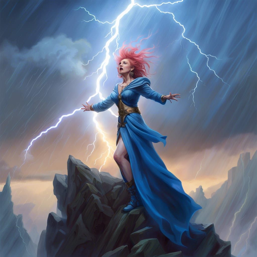 Fantasy Sorceress Summons Lightning, Digital Art