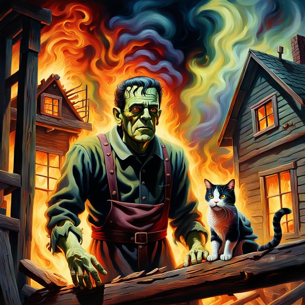 Frankenstein's Heroic Act: Surreal Oil Painting Rescue