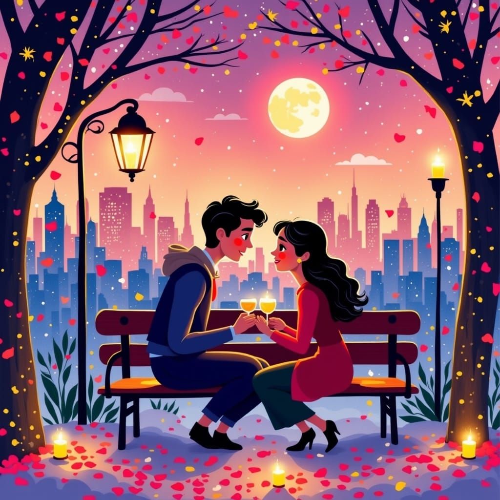 Whimsical Love Scene in a Dreamy City Night