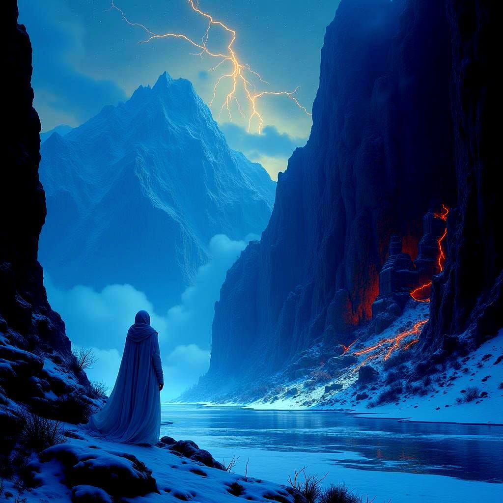 Epic Landscape: Snowy Wilderness and Shadowy Realm