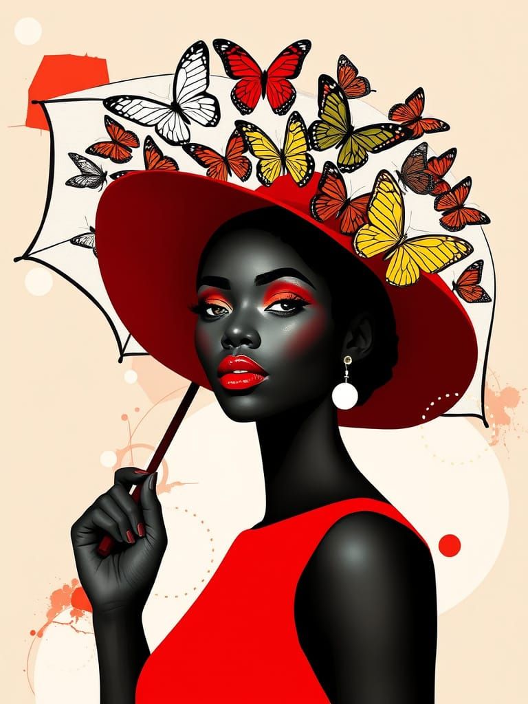 Elegant African American Woman with Butterfly Umbrella