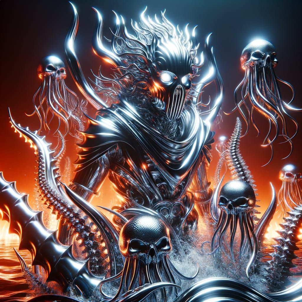 Ethereal Chrome Diver Descends into Blazing Underwater Abyss