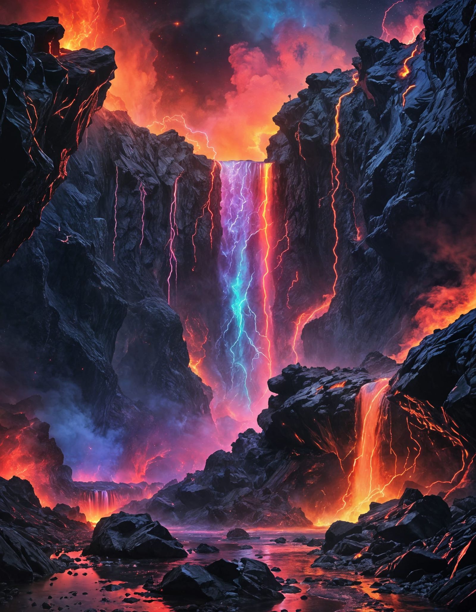 Vibrant Lava Falls under a Neon Nebula Sky