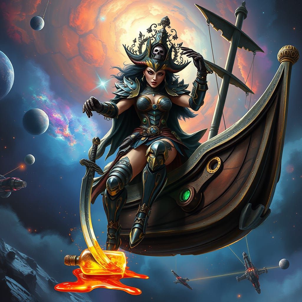 Pirate Queen Falls on Starship Bridge in Futuristic Noir Sty...