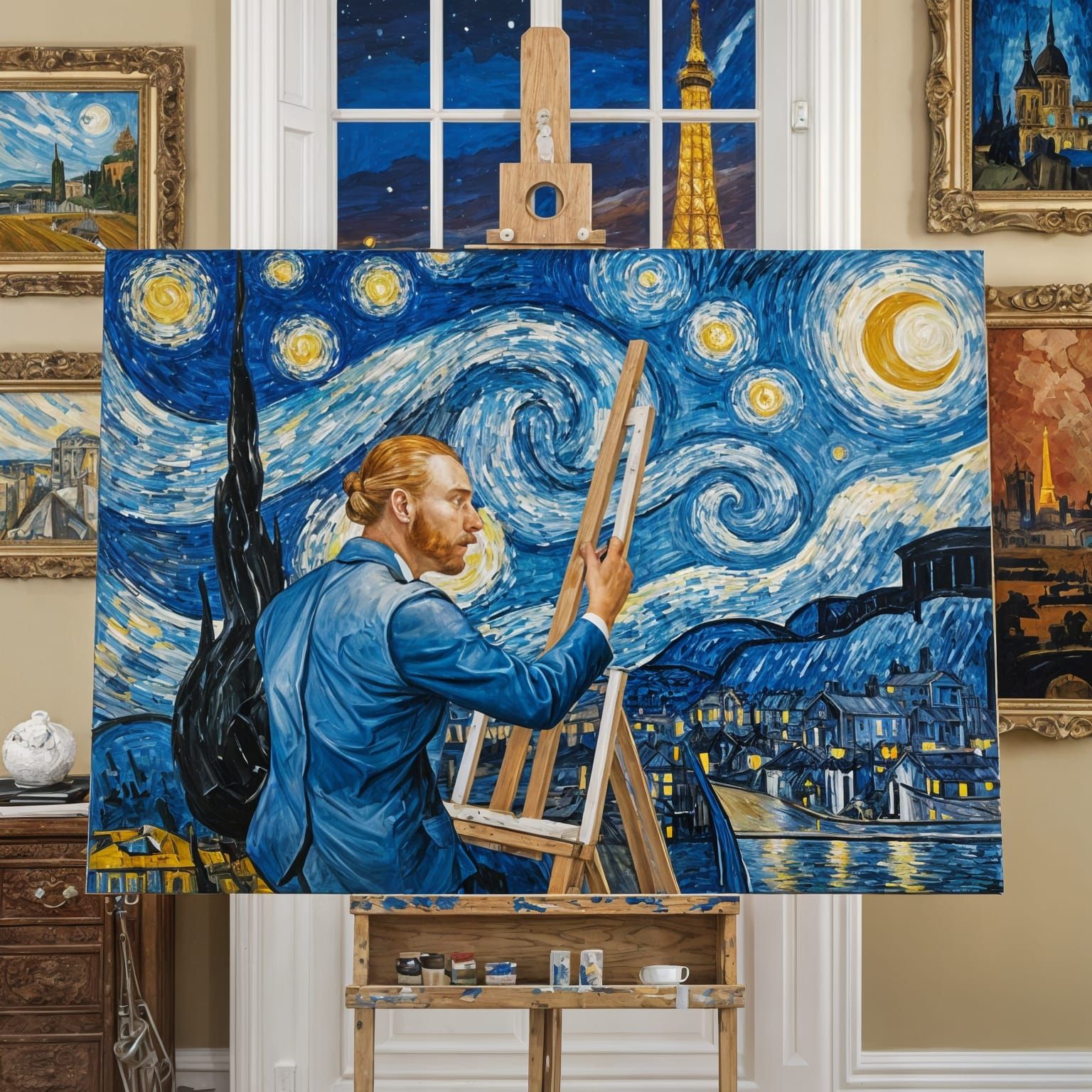 Van Gogh Paints Paris Night Sky: Hyperrealistic