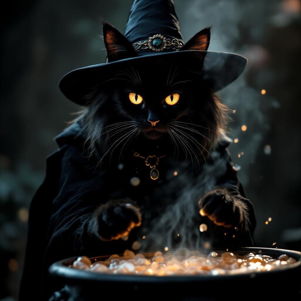 Cinematic Black Cat Witch Conjuring Potent Brew