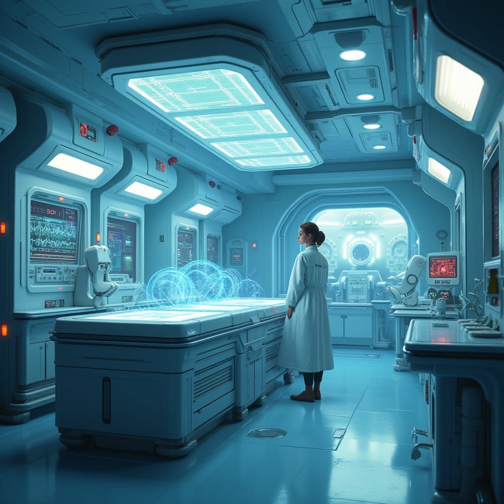 Futuristic Medical Bay on Space Station in Matte Painting St...