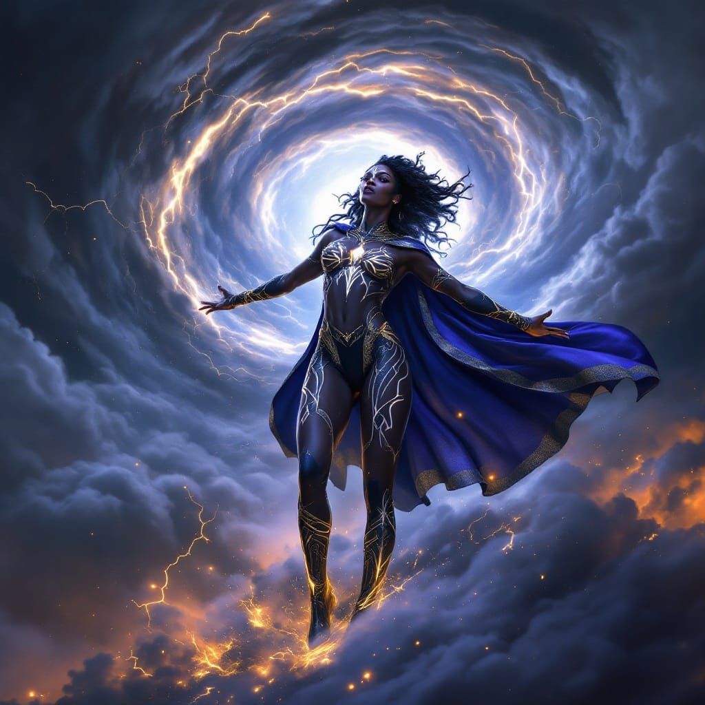SZA as Storm: Heroic Superheroine in Swirling Stormy Skies