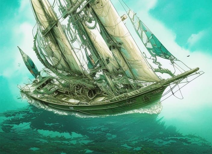 Yacht at Tropical Island Lagoon: Watercolor Splash Art