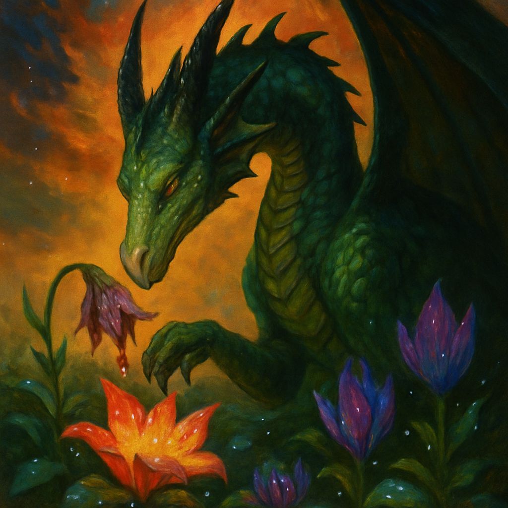 Emerald Dragon Tending Alien Flower Garden