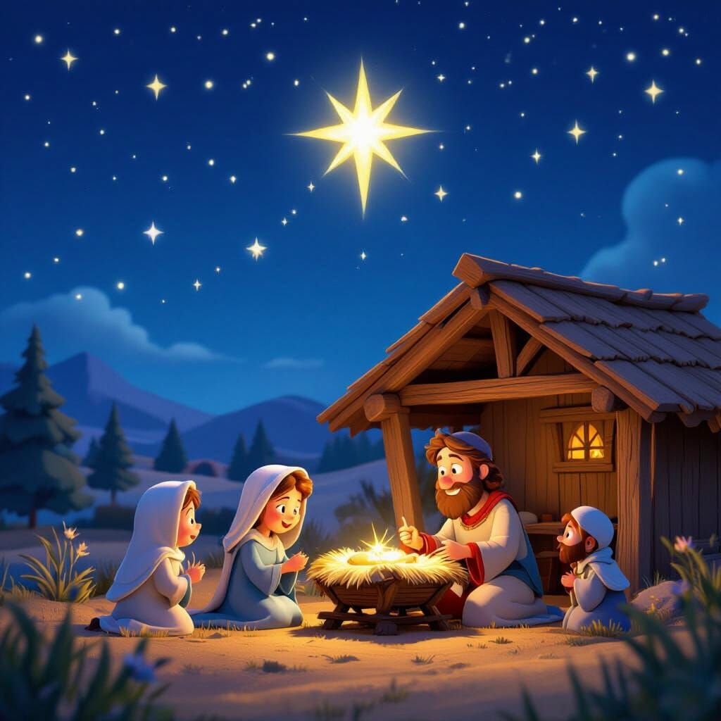 Heartwarming Nativity Scene in 3D Cartoon Style