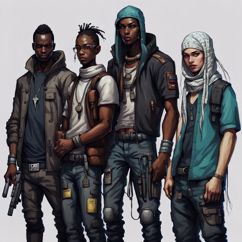 Diverse Hacker Gang in Cyberpunk Setting