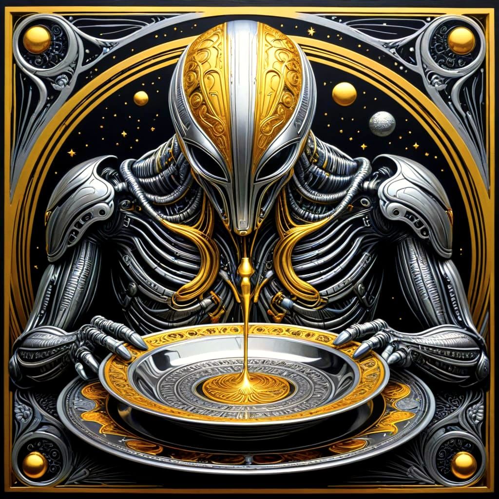 Hyperrealist Gold and Silver Linocut Art Nouveau