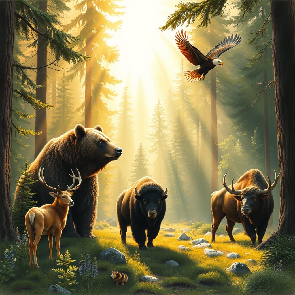 Majestic Wildlife in Vibrant Forest Charcoal Drawing