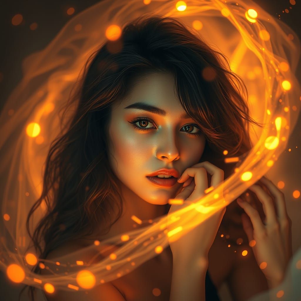 Intimate Portrait with Swirling Lights in Digital Painting S...