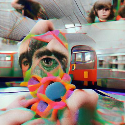 Surreal Train Station Scene with Kaleidoscope Eyes