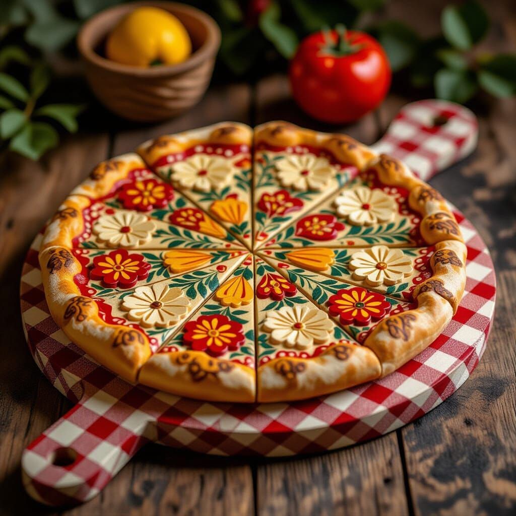 Khokhloma Style Wooden Pizza with Vegetable Carvings