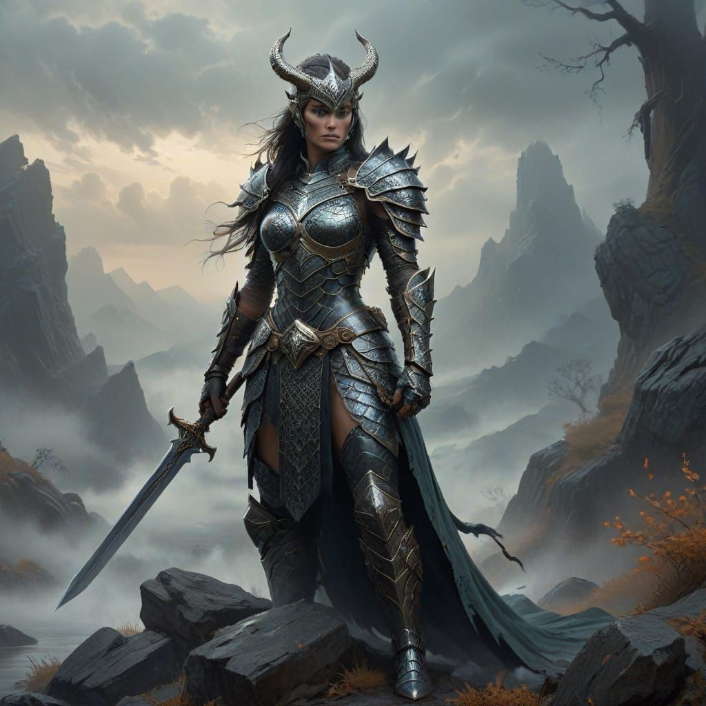 Elegant Female Warrior in Dragon Scale Armor