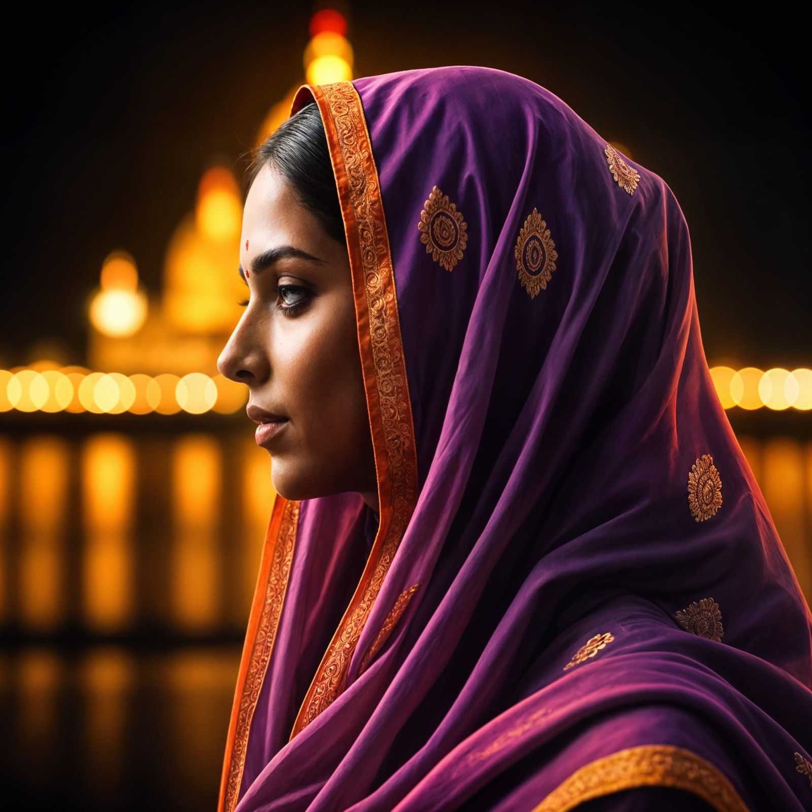 Serene Dark Skinned Woman in Purple Shawl at Night