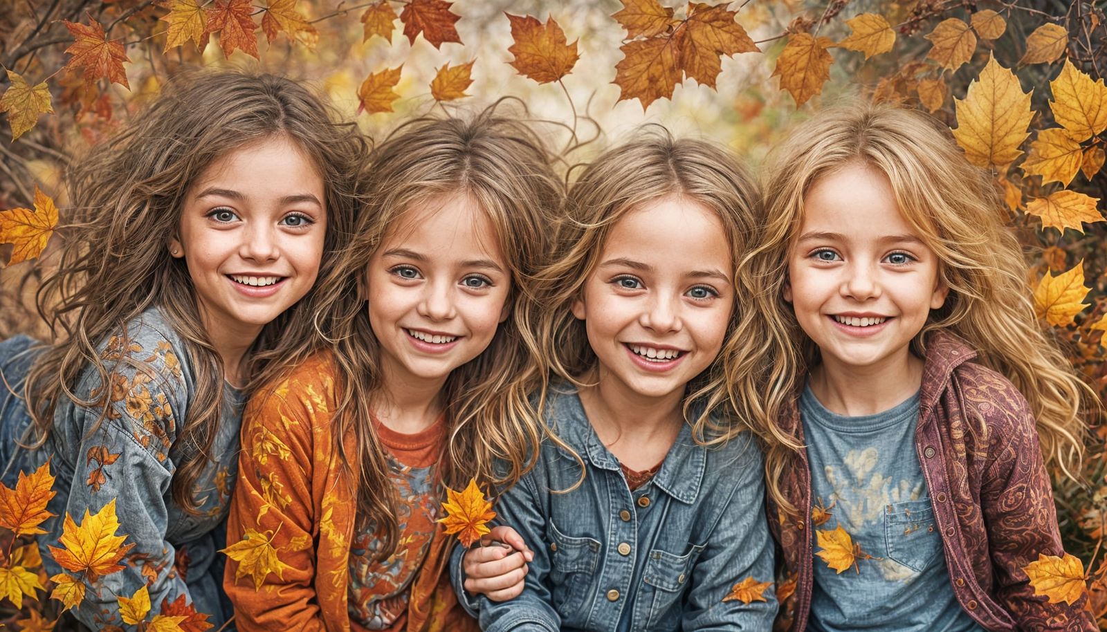 Happy Children Playing in Autumn Tapestry Style