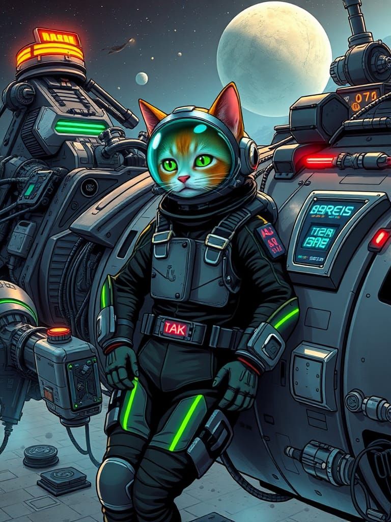 Cat in Cyberpunk Spacesuit on Distant Planet