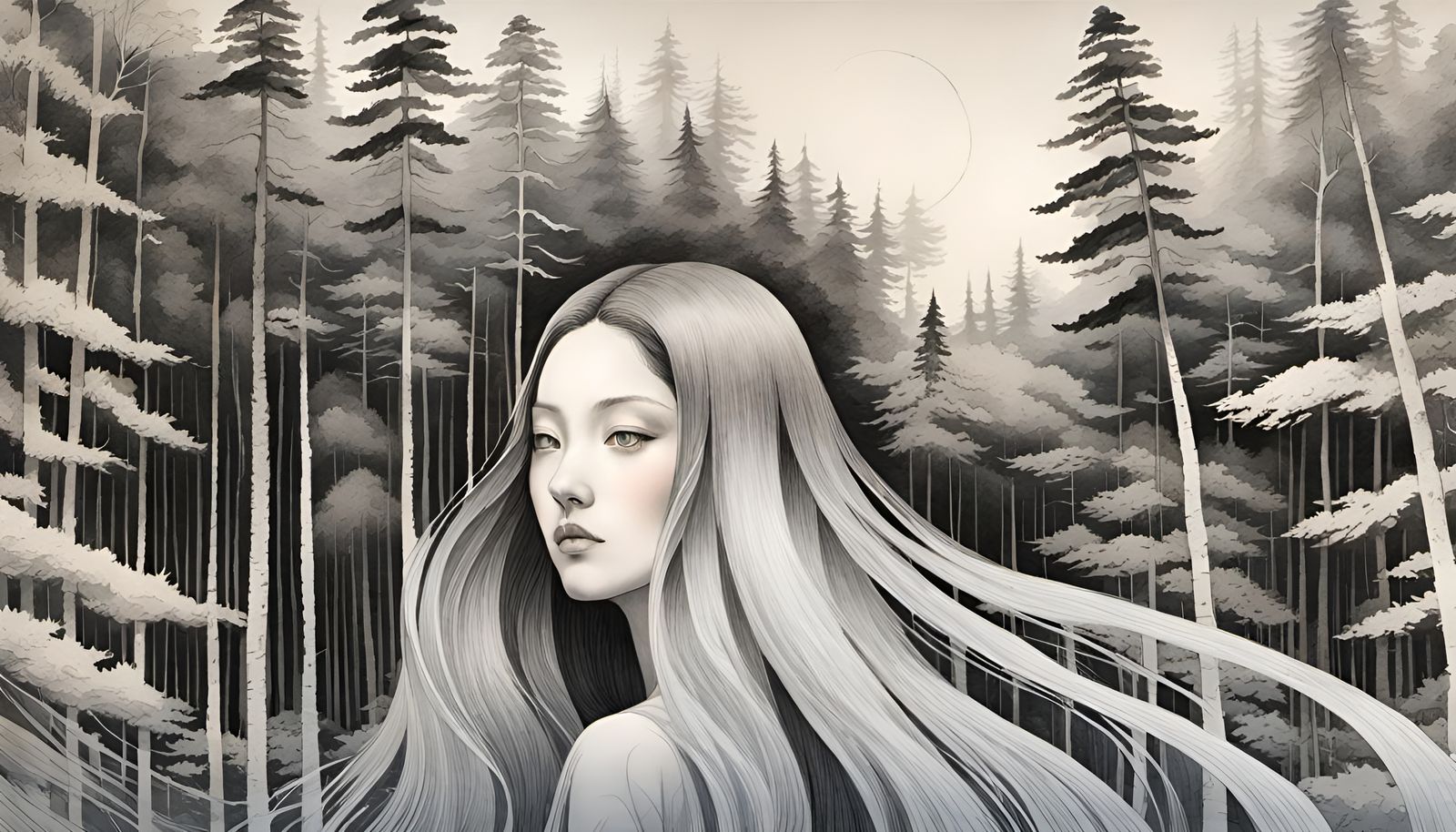 Woman in Forest: Charcoal Swirls and Etching