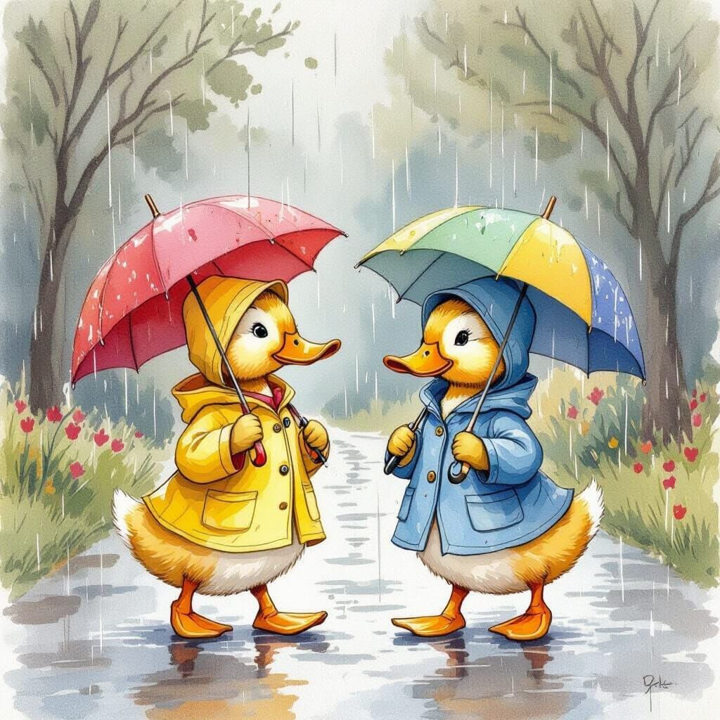 Ducks in Raincoats with Umbrellas, Watercolor Style
